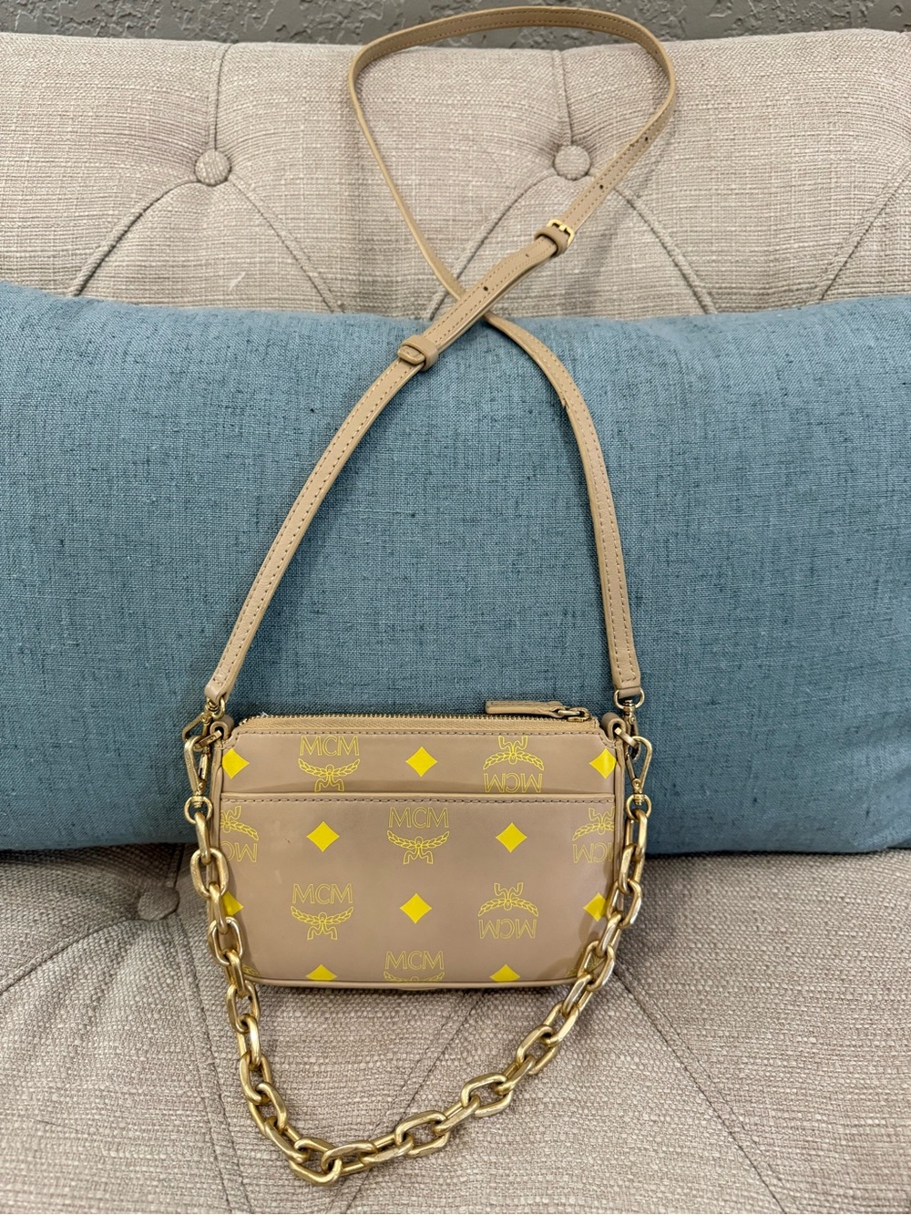 MCM Color Splash Mini Beige and Yellow Logo Crossbody Bag with Gold Chain